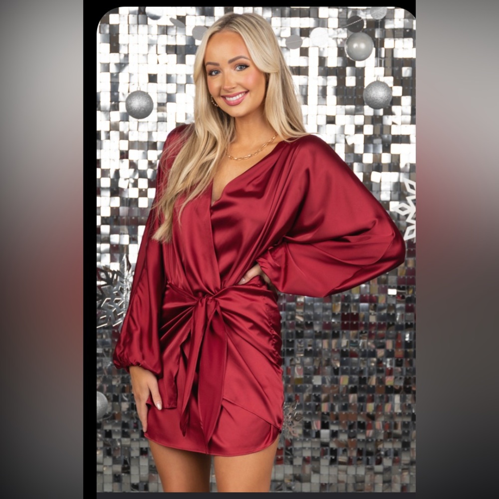 Burgundy Puff Sleeve Faux Wrap Satin Mini Dress from Lime Lush Boutique